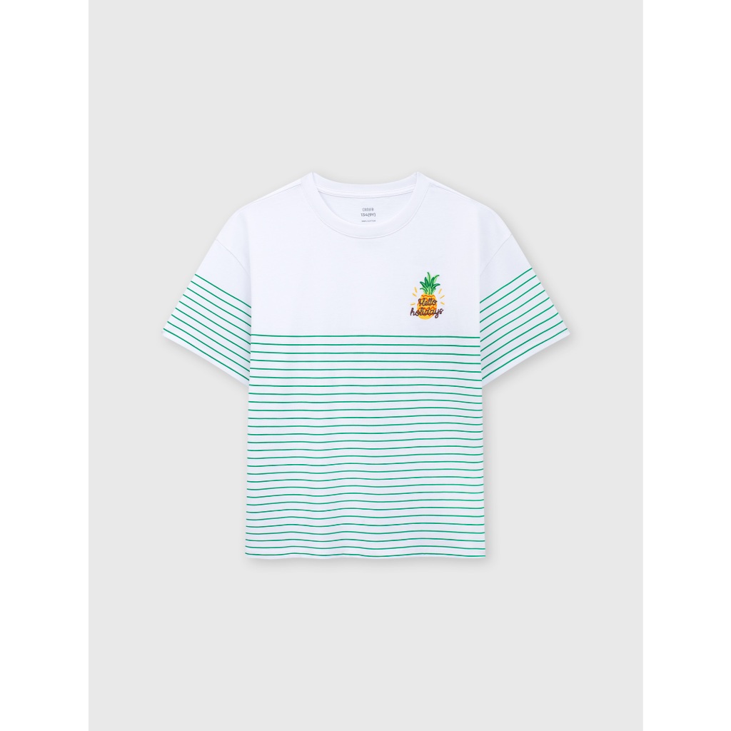 Áo phông unisex trẻ em CANIFA chất cotton USA mềm mát dáng rộng phối kẻ 3TS26S009