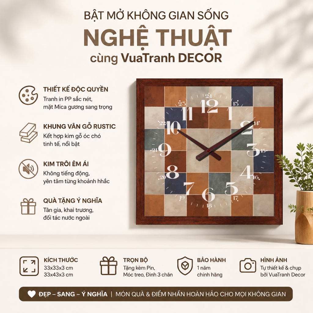 Tranh Đồng Hồ Nghệ Thuật Hiện Đại - Đồng Hồ Treo Tường Vân Gỗ Tự Nhiên Họa Tiết Ô Vuông Trừu Tượng, Decor Phòng Khách 6