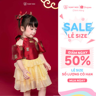 [TẶNG KÈM NƠ CÀI VÁY] - Váy trung thu cho bé gái HUMYNGO tone đỏ nổi bật - Chất gấm cao cấp phối voan mềm [V171]