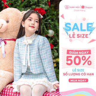 Set váy dạ tweed HUMY NGO bé gái màu xanh viền cổ ngọc trai thắt nơ xinh xắn, ấm áp cho các bé từ 14 -42kg [108]