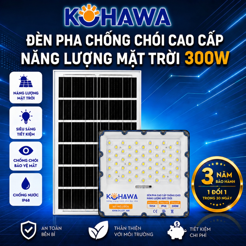 Đèn mắt ngọc Năng Lượng Mặt Trời 300W KOHAWA -Đèn pha Chống Ngoài Trời-Chống Nước IP68-Pin lớn-K.DCC01.300