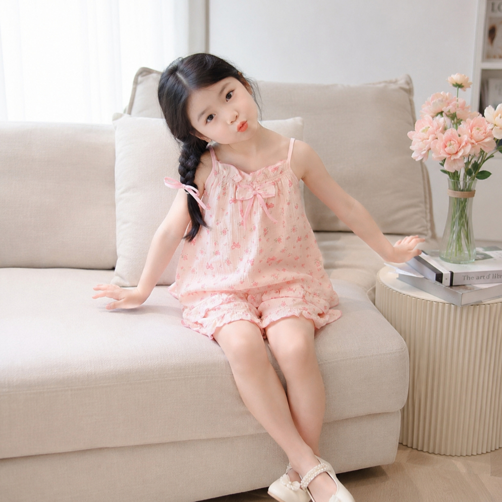 Bộ 2 Dây Bé Gái Vải Xô Muslin SONBEE, Đồ Bộ Mặc Nhà Đồ Ngủ Mùa Hè Cho Bé Phối Bèo Họa Tiết Đáng Yêu