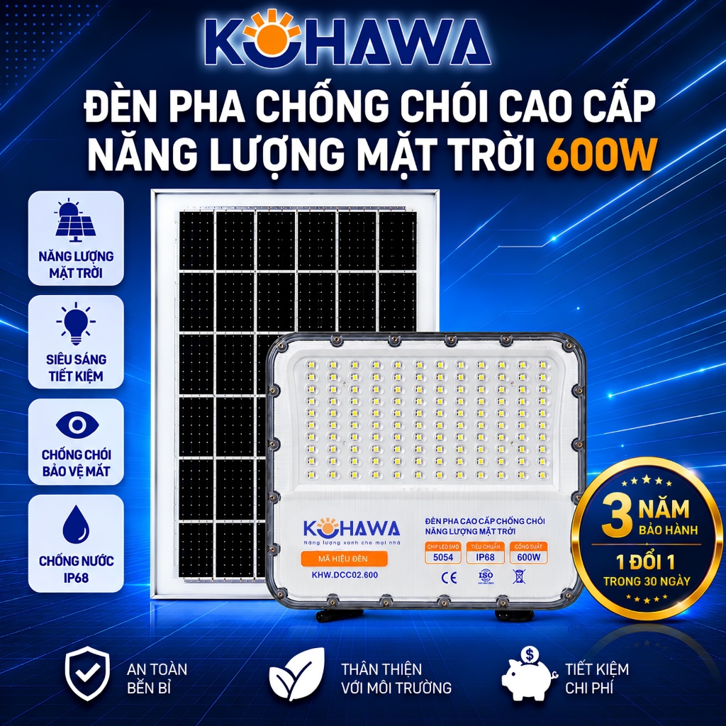 Đèn Mắt Ngọc Năng Lượng Mặt Trời 600W KOHAWA -Đèn Pha Chống Chói Cao Cấp, Chip LED 5054 Siêu Sáng pin khủng-K.DCC02.600