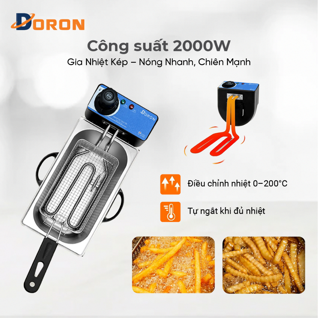 Bếp chiên ngập dầu 4L DORON 2000W đa năng chiên gà rán, khoai tây, đồ ăn nhanh