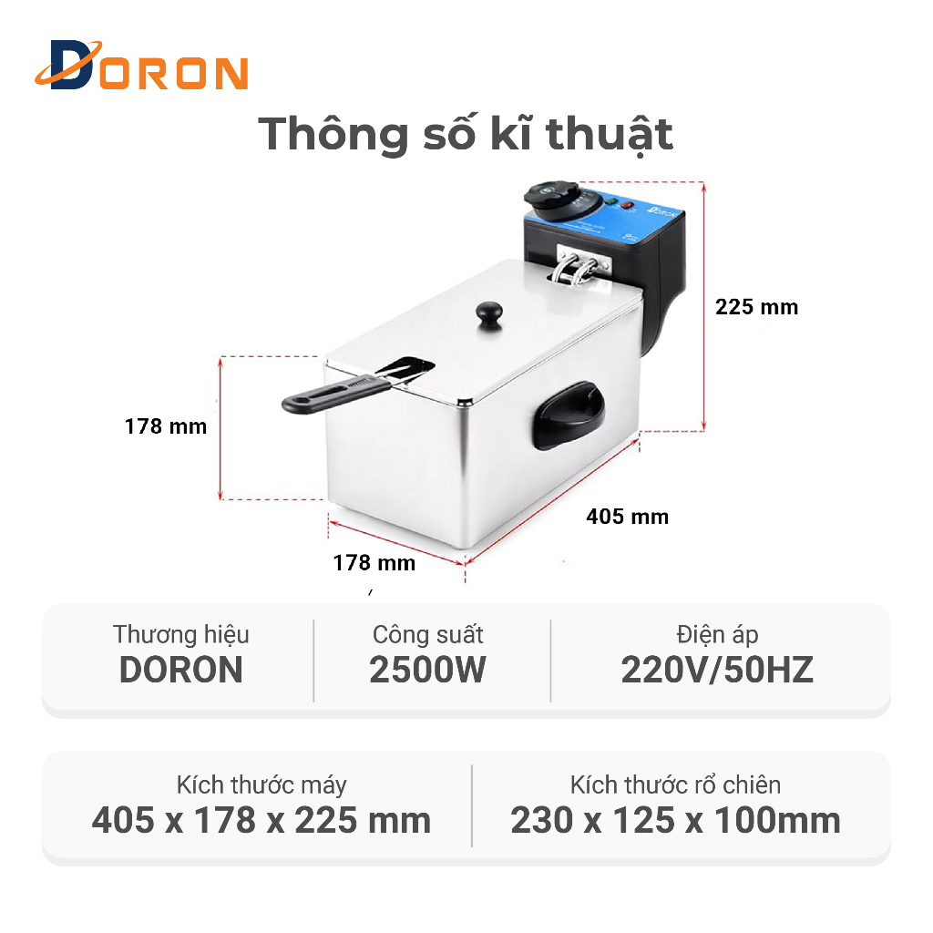 Bếp điện chiên nhúng DORON 2000W chất liệu inox dày dặn, bền bỉ theo thời gian