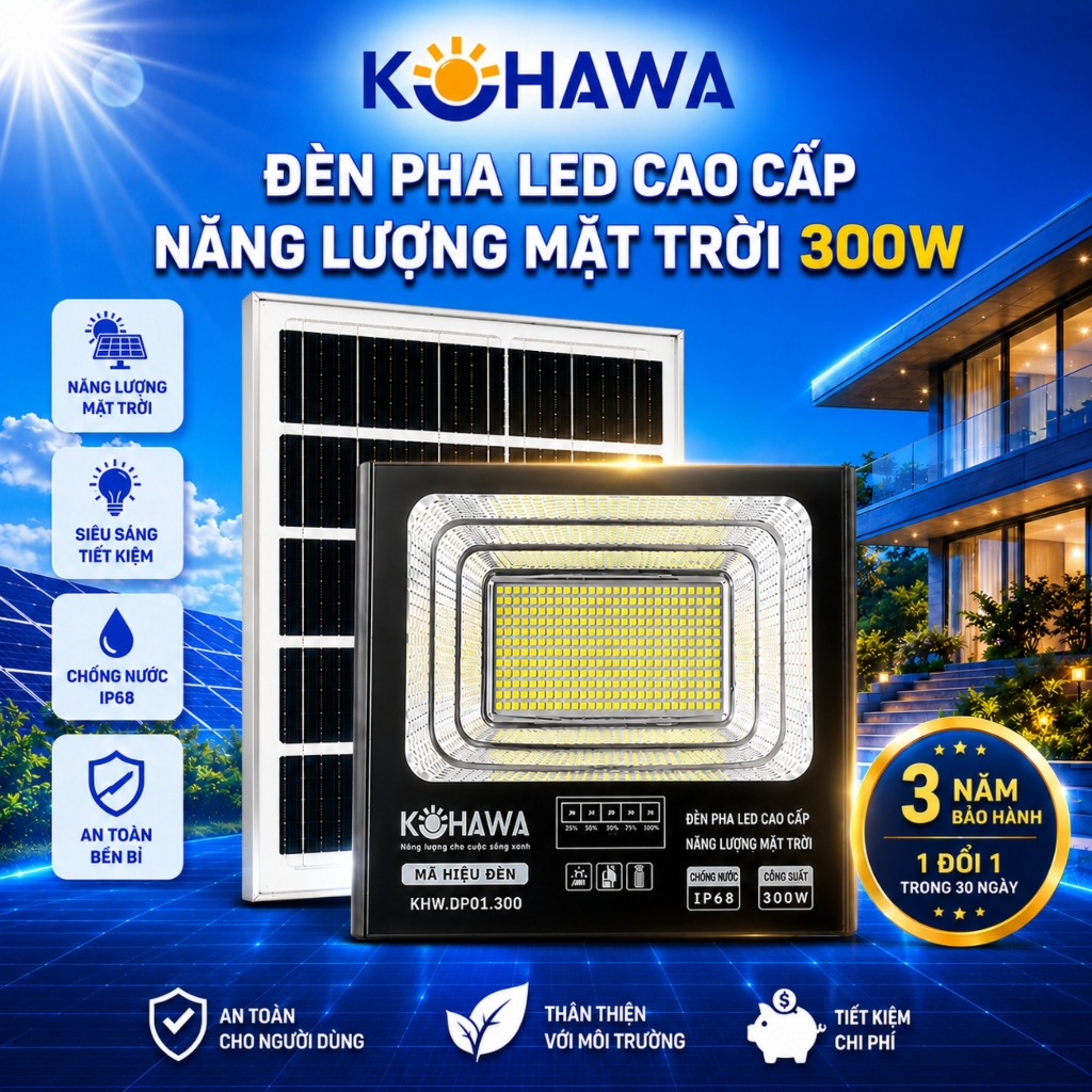 Đèn Pha LED Năng Lượng Mặt Trời 300W KOHAWA- Chống Nước IP68- Pin 40.000mAh- Vỏ nhôm cao cấp- K.DP01.300