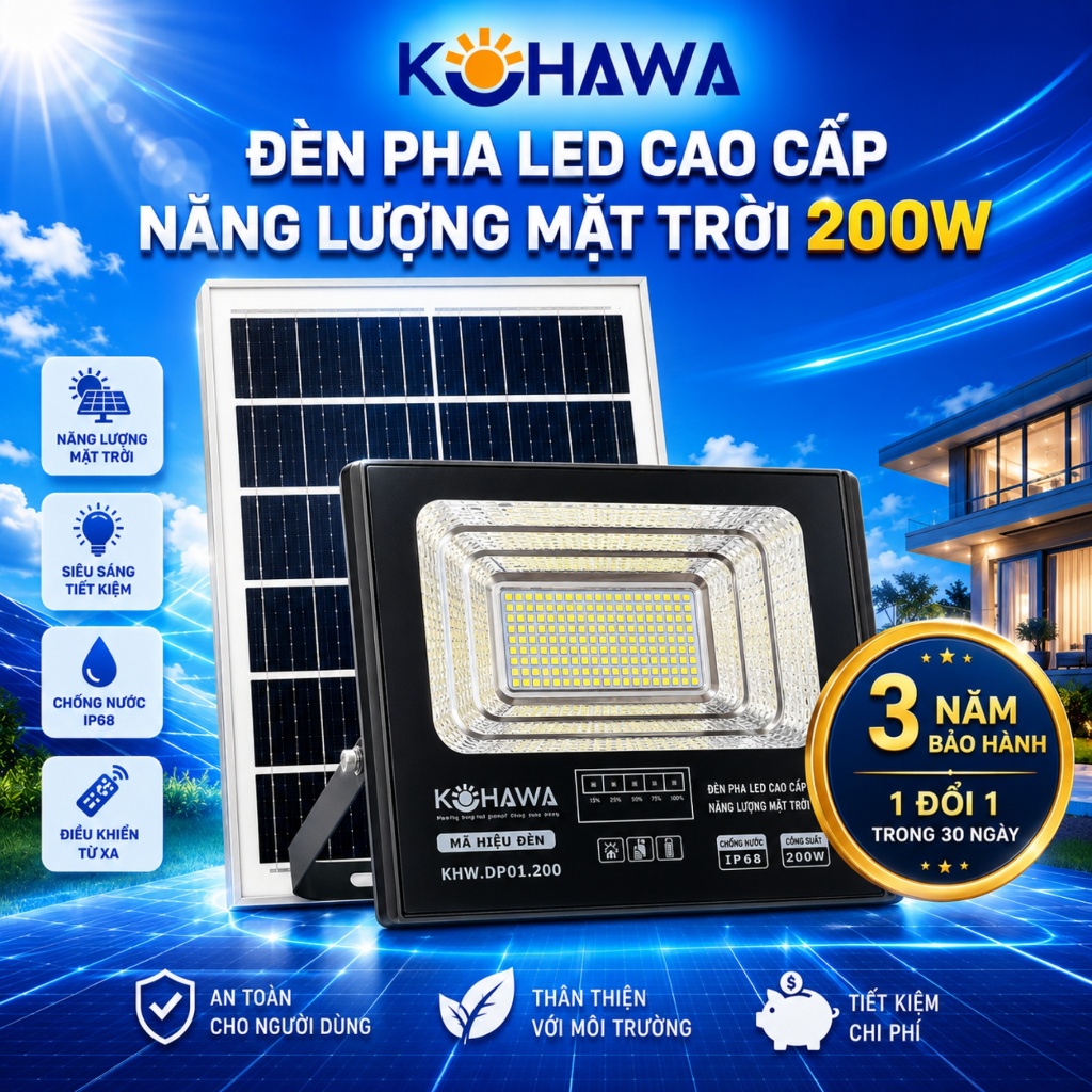 Đèn Pha LED Năng Lượng Mặt Trời 200W KOHAWA- vỏ hợp kim nhôm bền bỉ - Chống Nước IP68, Pin 20.000mAh -K.DP01.200