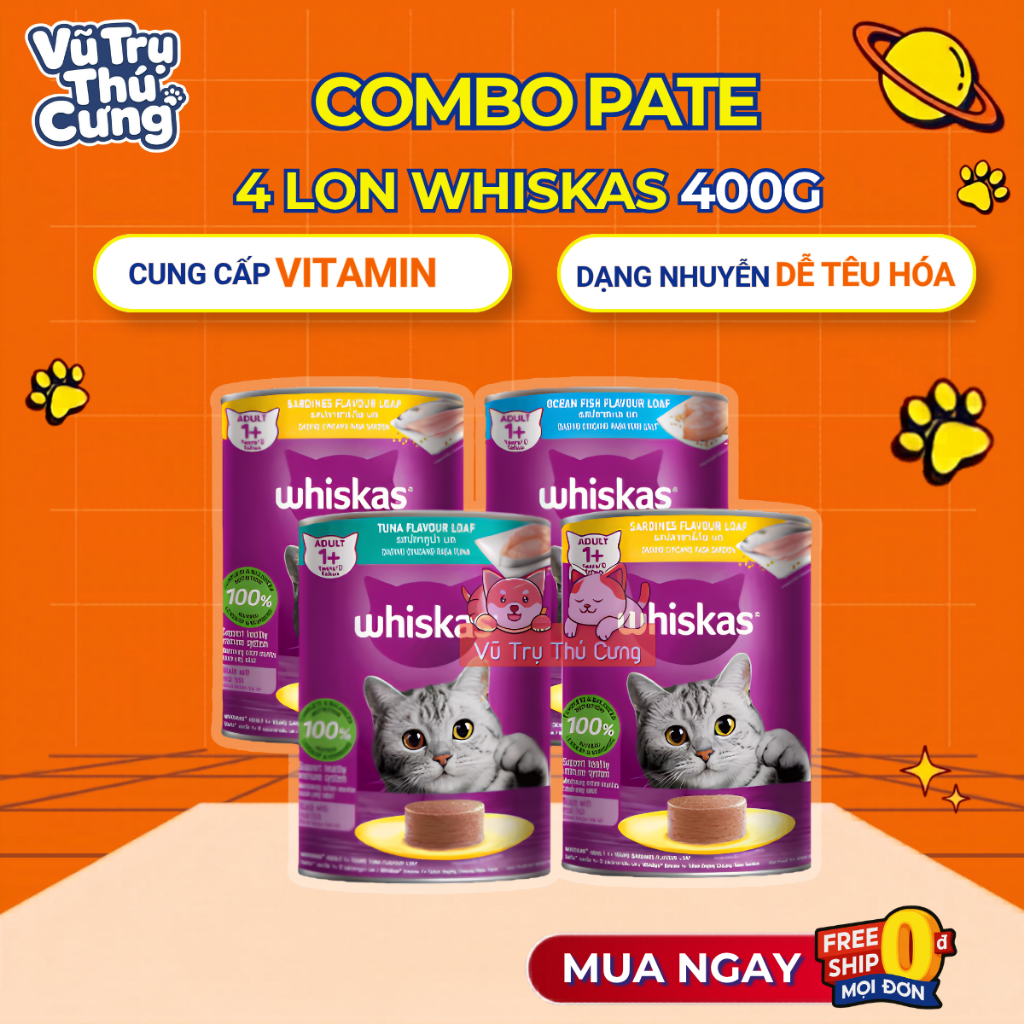 Combo 4 lon Pate Whiskas 400g cho Mèo (Mix 3 vị)