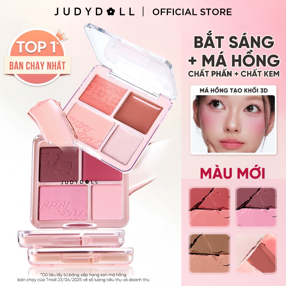 JUDYDOLLL Bảng Phấn Má hồng & Bắt sáng 4 ô 2-Trong-1 Blush & Highlight Palette 9g