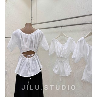 Áo Linen Cổ V Cutout Sau Phối Dây Buộc Phong Cách Basic Thanh Lịch