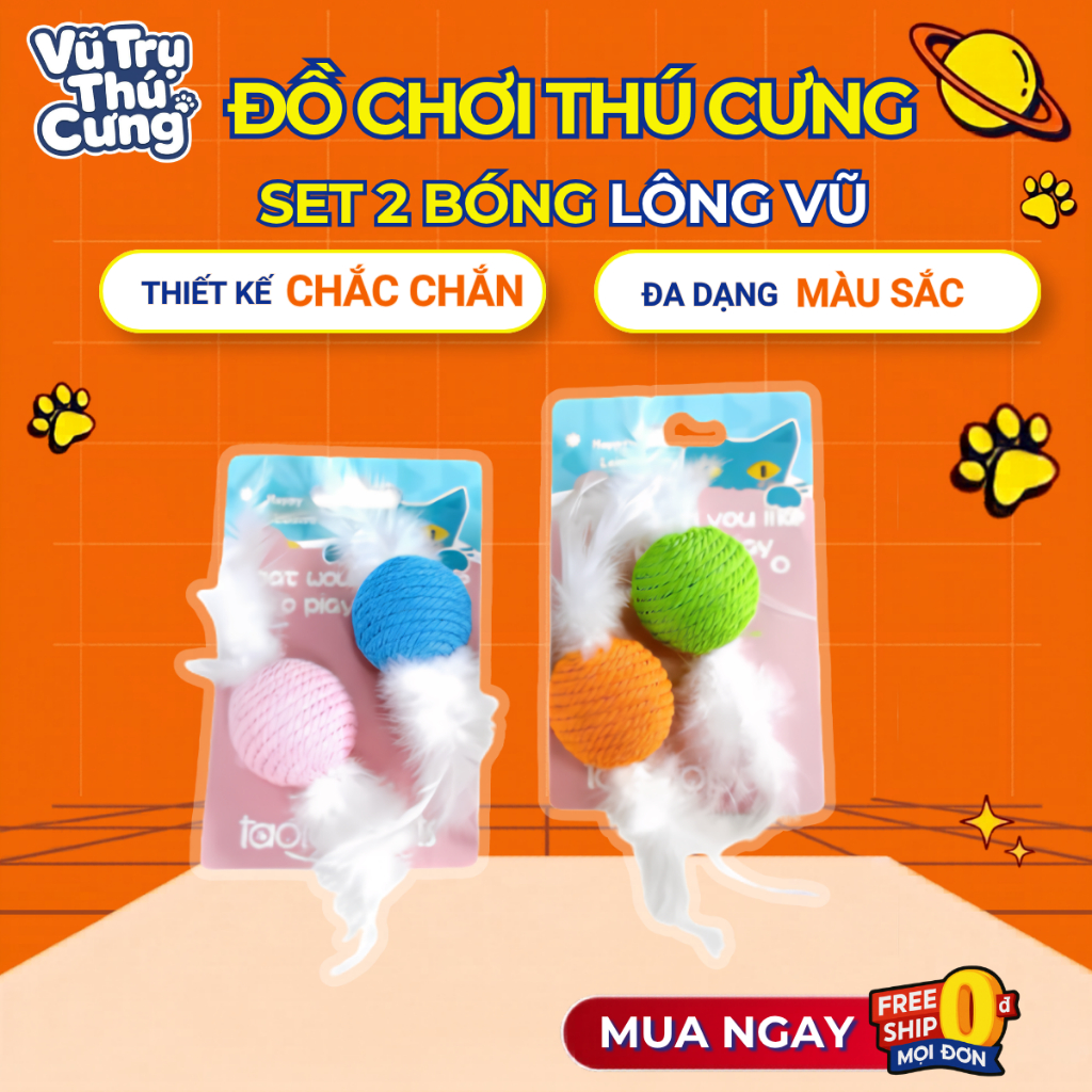 Đồ Chơi Cho Mèo Set 2 Bóng Thừng Tròn Kèm Lông Vũ Giúp Mèo Vận Động, Giải Trí Phát Triển Toàn Diện