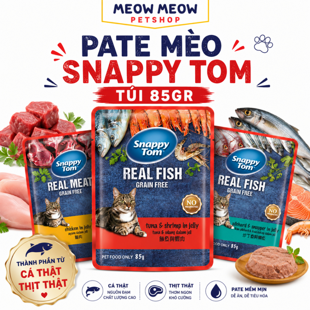 Pate Snappy Tom cho mèo Real Fish Real Meat Túi 85GR. Pate dinh dưỡng ...
