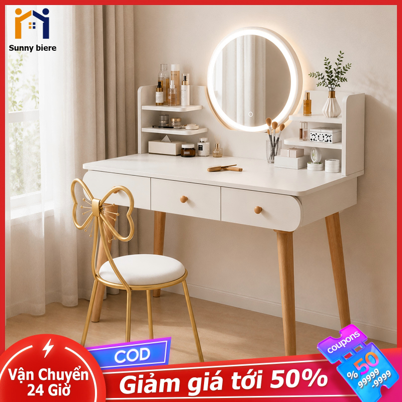 Bàn trang điểm LED phong cách bắc âu Gương cảm ứng Nhiều ngăn Dễ lắp ráp Giao nhanh 𝙎𝙐𝙉𝙉𝙔 𝘽𝙄𝙀𝙍𝙀