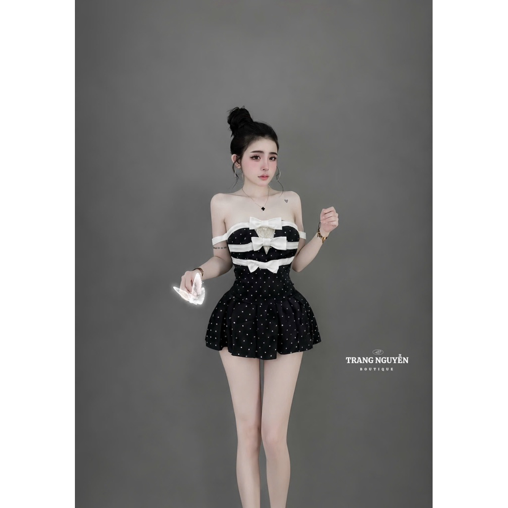 Set váy chấm bi cúp ngực phối nơ xinh