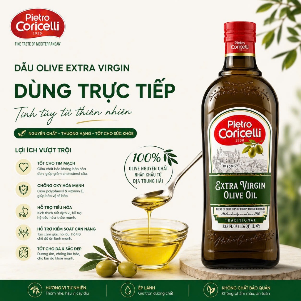 Dầu Oliu Pietro Coricelli 1L Nhập Khẩu Ý-Pomace Chiên Xào Chịu Nhiệt Cao & Extra Virgin Ép Lạnh Nguyên Chất Date 09.2027