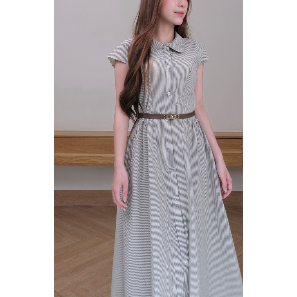 (không kèm thắt lưng) Đầm maxi Chililuu váy maxi dáng dài cổ sen tròn hến kẻ sọcthanh lịch phong cách Hàn Quốc