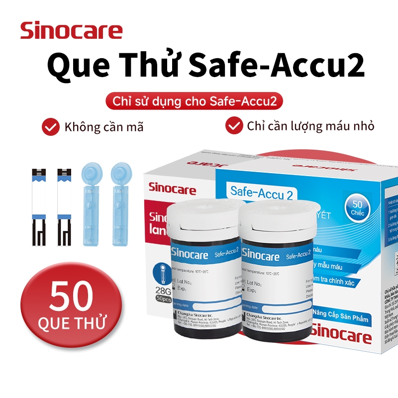 Que Thử Đường Huyết Safe Accu2 Chính Hãng Sinocare 50 Que Thử + 50 Kim Chích
