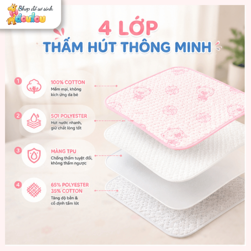Tấm Lót Chống Thấm Vải Xốp DouDou 30x30cm Tấm Lót Thay Bỉm CHo Bé A17