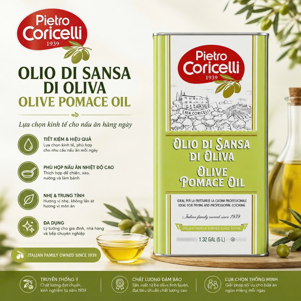 Dầu Oliu Pietro Coricelli Pomace Olive Oil 5L - Dùng Chiên Xào Nấu Ăn Hằng Ngày - Nhập Khẩu từ Ý - [Date 09.2027]