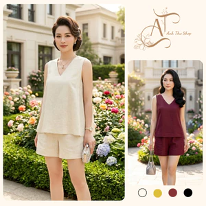 Bộ Đũi Nữ Cổ Tim Sát Nách Cao Cấp, Set Áo Suông Quần Short Mặc Nhà Đi Chơi Thanh Lịch Nhiều Màu - Anh Thư Shop (AT50)