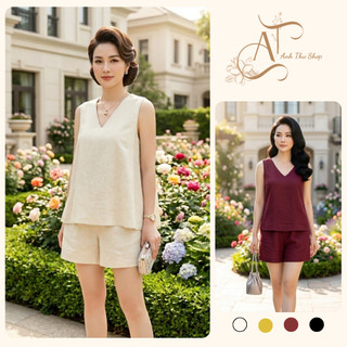 Bộ Đũi Nữ Cổ Tim Sát Nách Cao Cấp, Set Áo Suông Quần Short Mặc Nhà Đi Chơi Thanh Lịch Nhiều Màu - Anh Thư Shop (AT50)