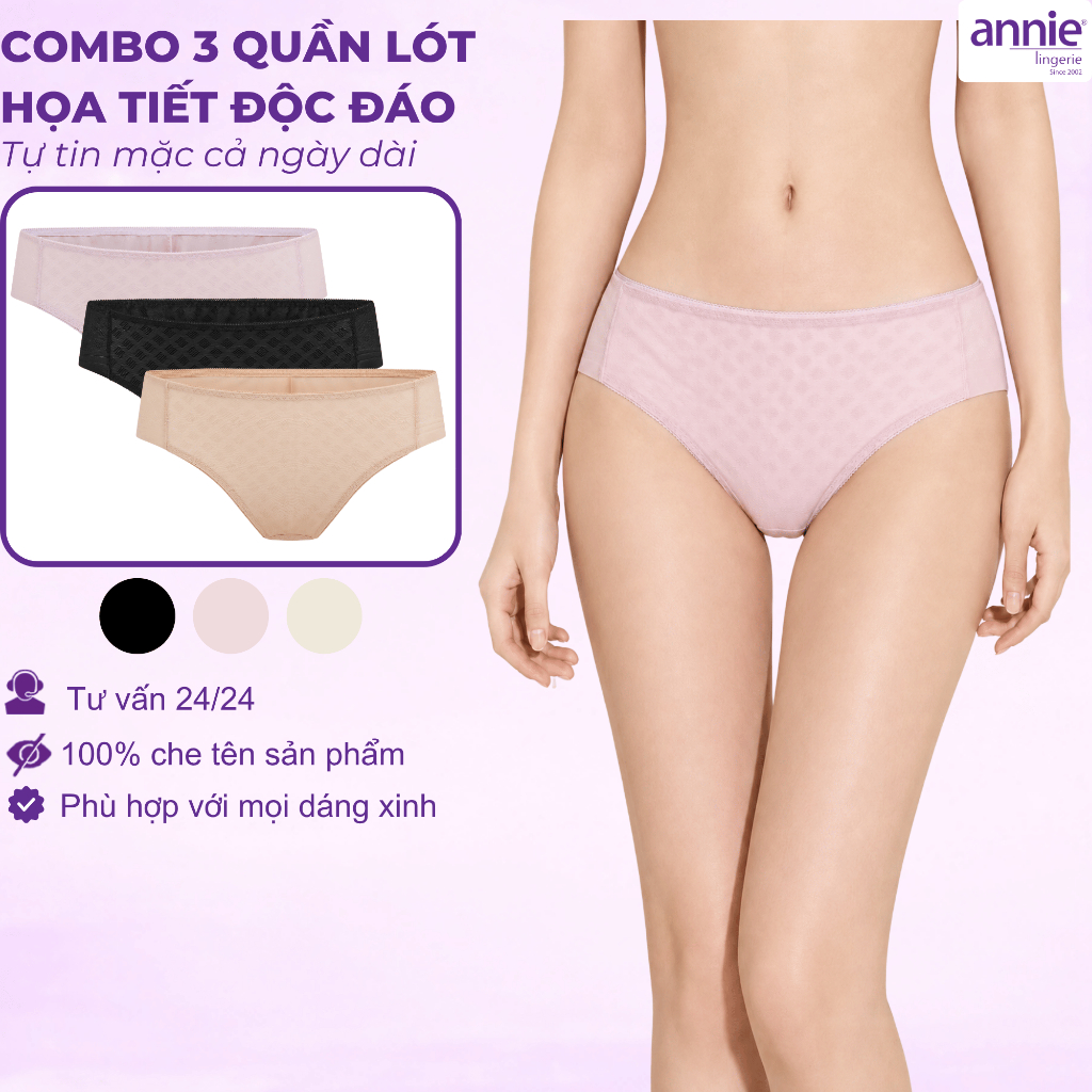 Combo 3 quần lót nữ không viền lưng vừa annie QE 4576 co giãn 4 chiều, thoải mái cả ngày