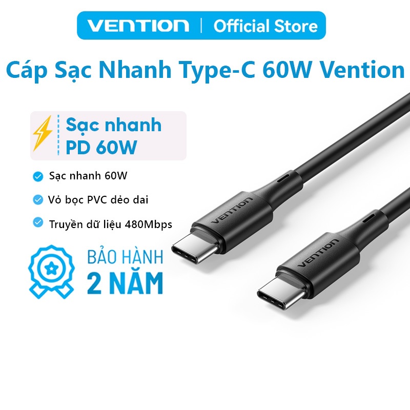 Cáp Sạc Nhanh USB-C 60W Vention PD 3A,Cáp Type C Truyền Dữ Liệu 480Mbps Cho Điện Thoại Laptop Tablet