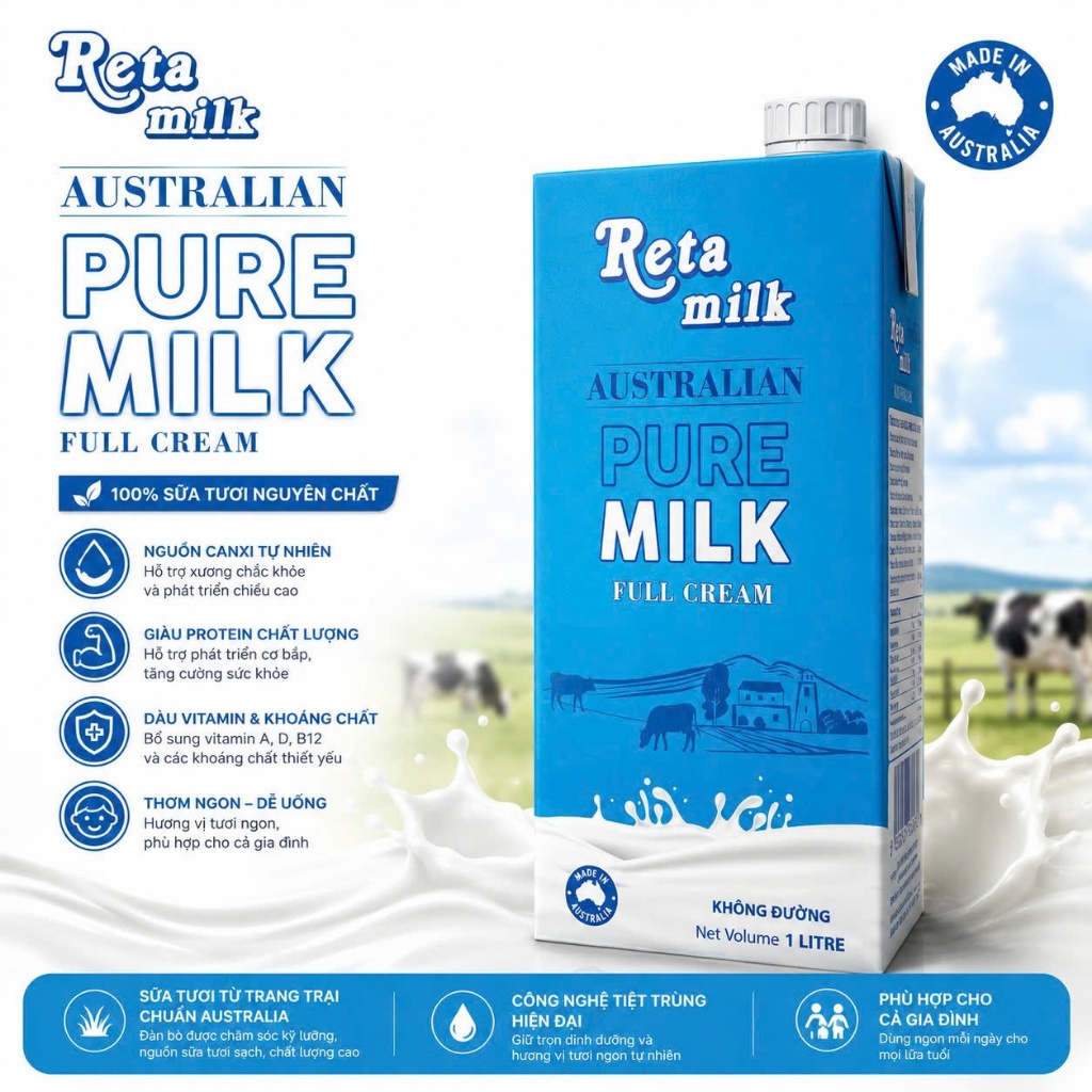 Sữa Tươi Tiệt Trùng Reta Milk Không Đường 1L - Thùng 12 Hộp - Sữa Bò Tươi Nguyên Kem - Nhập Khẩu Úc - [Date 27/10/2026]