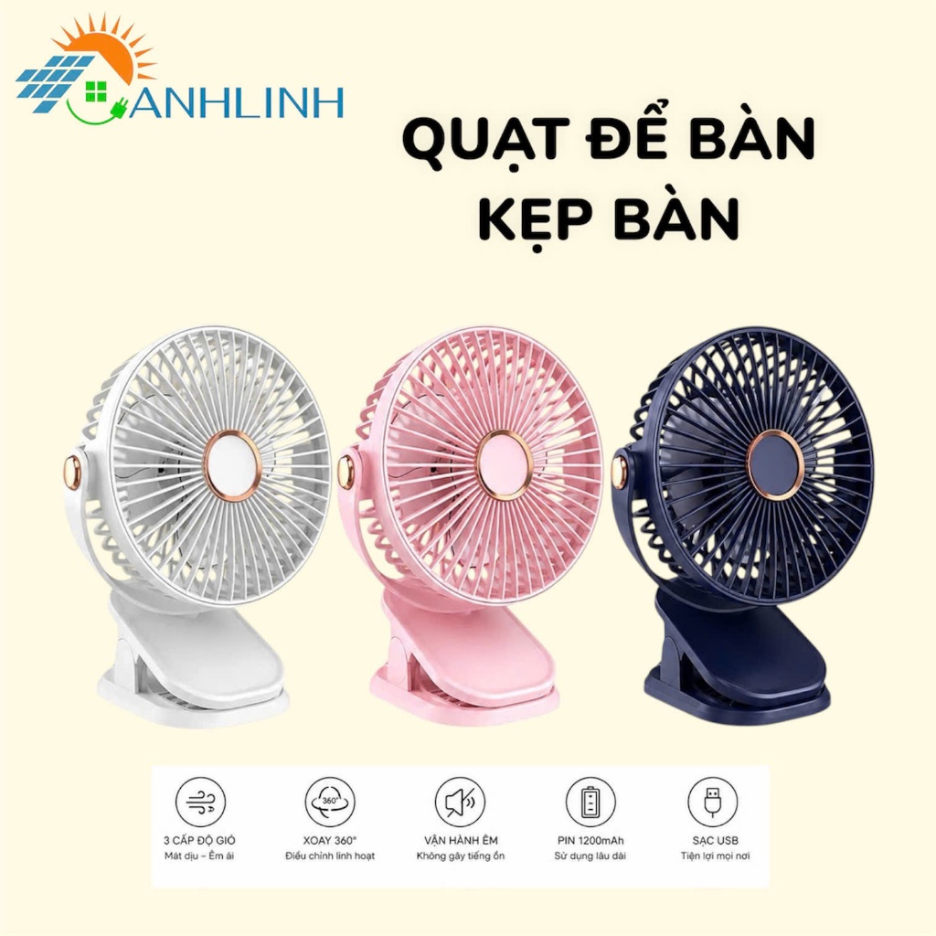 Quạt tích điện mini để bàn, Quạt kẹp bàn, Kẹp Xe Đẩy xoay 360 độ pin sạc Anhlinh