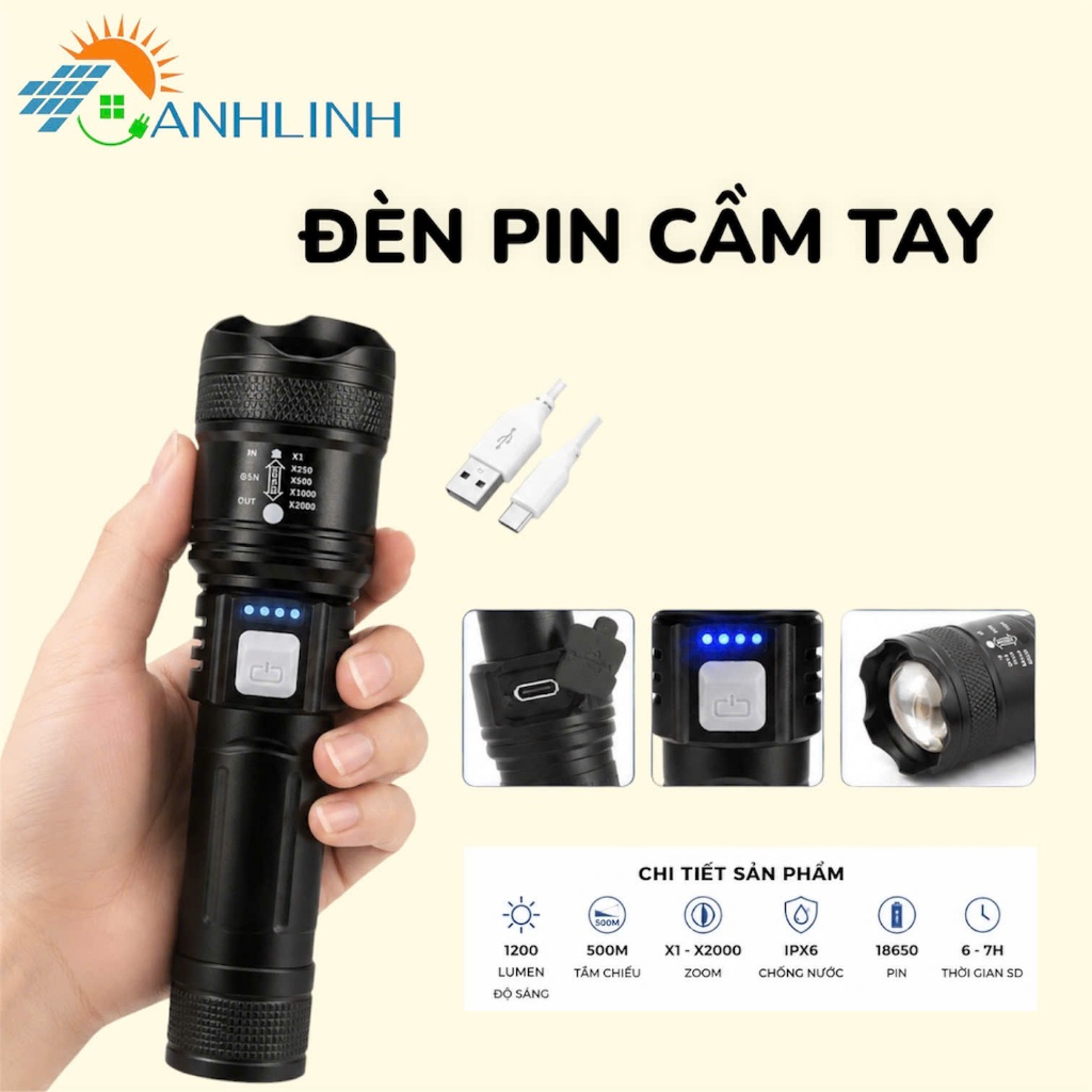 Đèn Pin Cầm Tay Anhlinh Nhỏ Gọn LED Siêu Sáng Chức Năng Rọi Siêu Xa Chống Nước Để Cắm Trại Đi Bộ Đường Dài Đa Năng