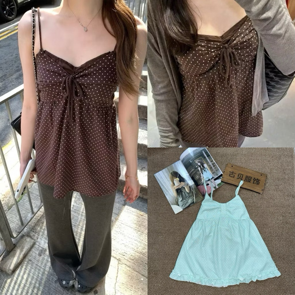 (sẵn)Áo hai dây yếm dáng babydoll màu nâu chấm bi chất thô đũi dày dặn thắt nơ ASN065 - Tiktik