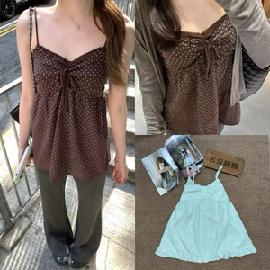 Áo hai dây yếm dáng babydoll màu nâu chấm bi chất thô đũi dày dặn thắt nơ ASN065 - Tiktik