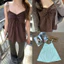 Áo hai dây yếm dáng babydoll màu nâu chấm bi chất thô đũi dày dặn thắt nơ ASN065 - Tiktik