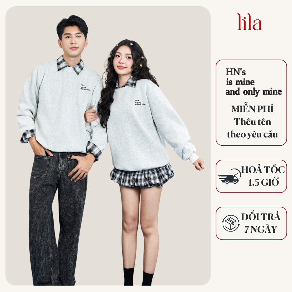 Áo sweater nam nữ nỉ bông LiLa form rộng unisex thêu tên theo yêu cầu, áo đôi dài tay cao cấp dày ấm - quà tặng ý nghĩa