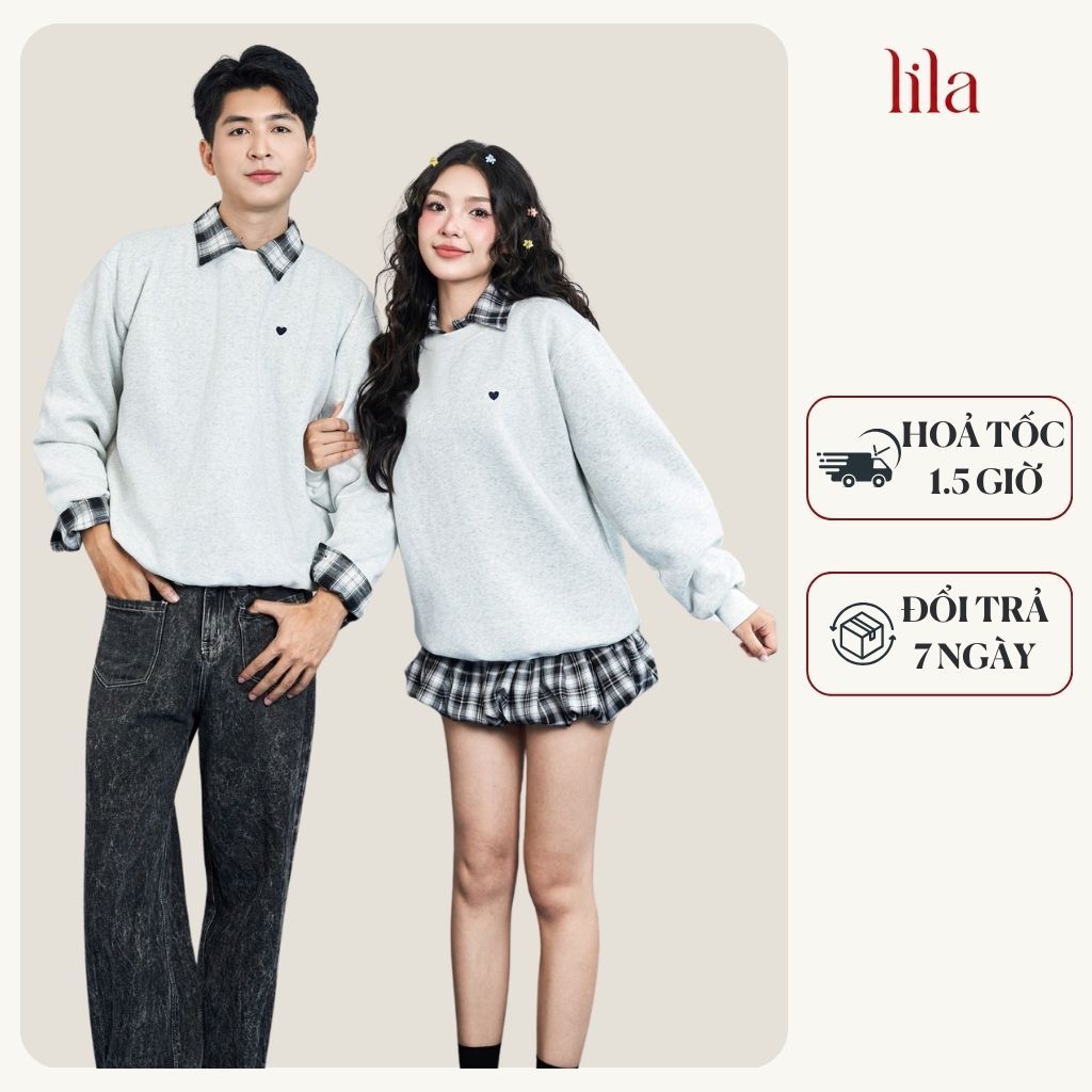 Áo Sweater Nỉ Đôi Nam Nữ Thêu Hình Tiny Heart Dễ Thương LILA  Áo Thun Dài Tay Dáng Rộng Vải Nỉ Bông