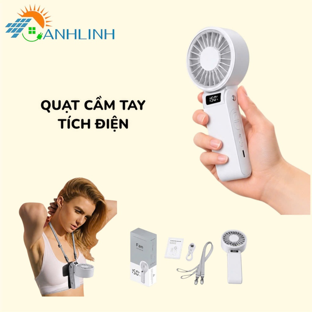 Quạt Cầm Tay Gấp Gọn Anhlinh Không Tiếng Ồn 120 Cấp Độ Gió Màn Hình LED Gập 150 Độ 3600mAh Không Tiếng Ồn