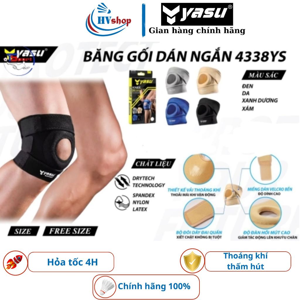 Bó gối cầu lông Yasu 4338 chính hãng, 3 đai dán chắc chắn, thấm hút và thoáng khí - HVShop