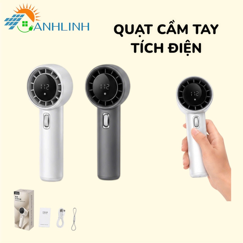 Quạt Mini Cầm Tay Siêu Mát Anhlinh GF02 Màn Hình Kỹ Thuật Số Động Cơ Không Chổi Than Pin Dung Lượng Lớn Nhỏ Gọn