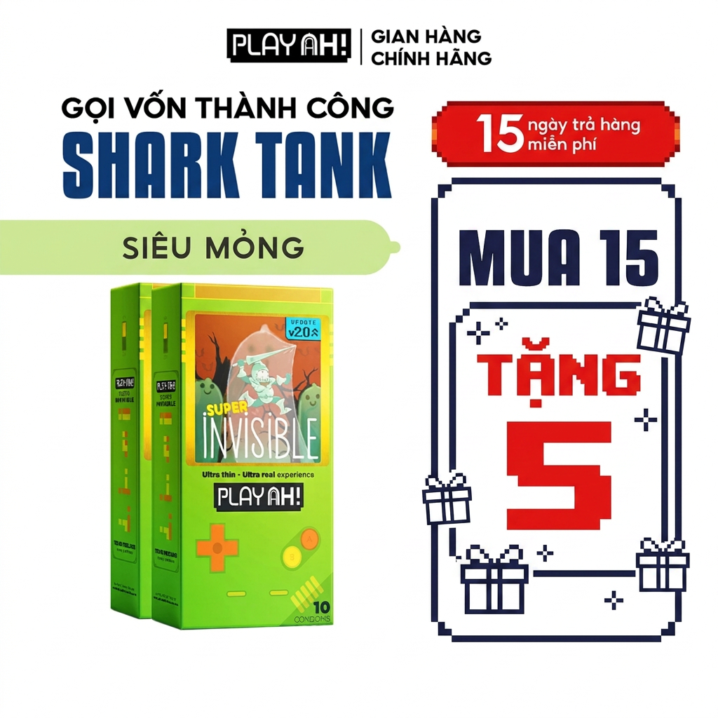 Bao Cao Su PlayAh Super Invisible Siêu Mỏng/ Nhiều Gel/ Kéo Dài Thời Gian/ Có Gai Hộp 10 size 52mm