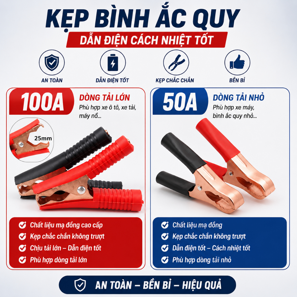 Kẹp bình acquy 50A 100A dày 0.6mm (đen + đỏ) chất lượng cao ilinhkien.