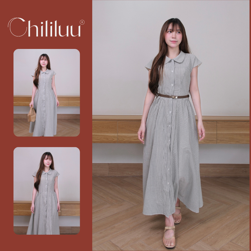 (không kèm thắt lưng) Đầm maxi Chililuu váy maxi dáng dài cổ sen tròn hến kẻ sọcthanh lịch phong cách Hàn Quốc
