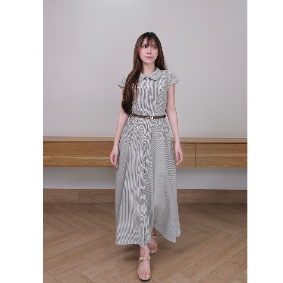 (không kèm thắt lưng) Đầm maxi Chililuu váy maxi dáng dài cổ sen tròn hến kẻ sọcthanh lịch phong cách Hàn Quốc
