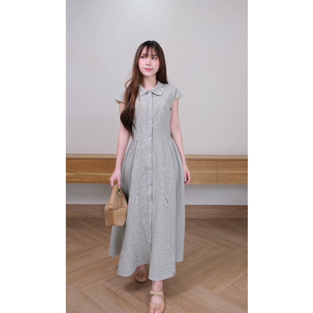 (không kèm thắt lưng) Đầm maxi Chililuu váy maxi dáng dài cổ sen tròn hến kẻ sọcthanh lịch phong cách Hàn Quốc