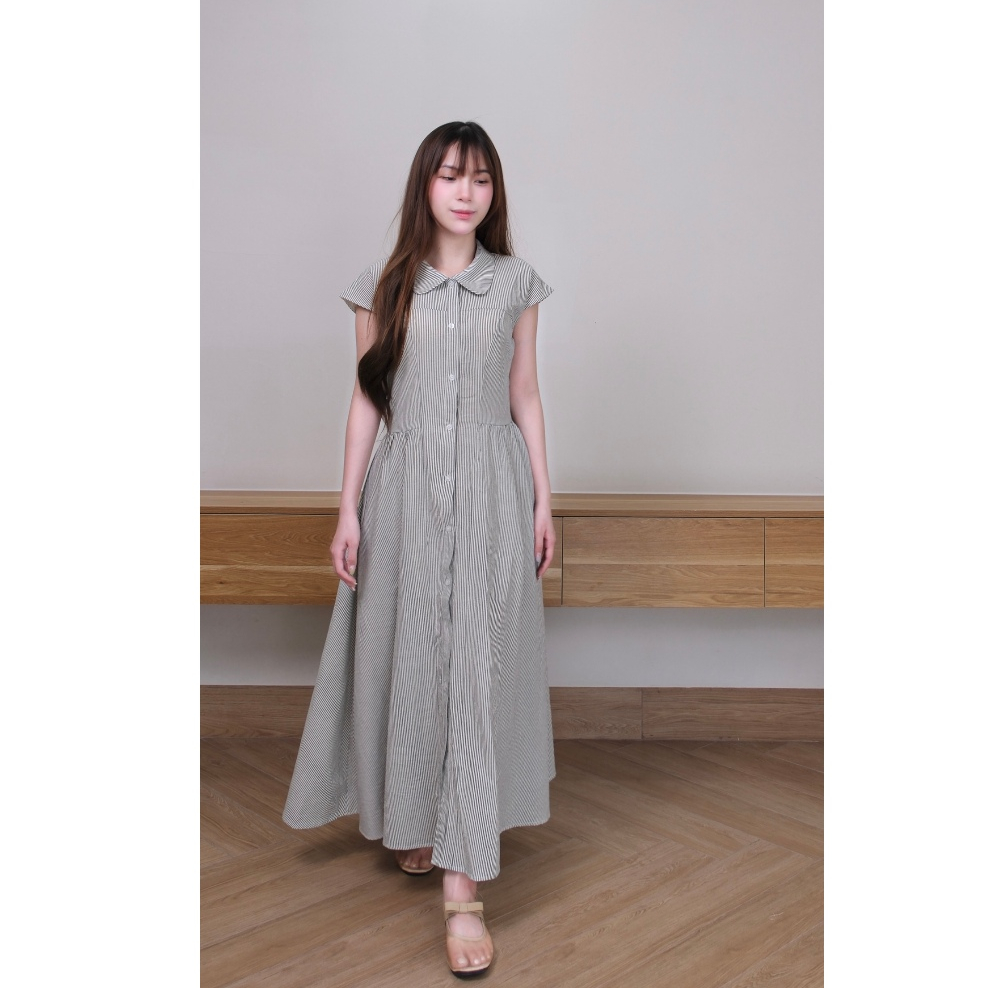 (không kèm thắt lưng) Đầm maxi Chililuu váy maxi dáng dài cổ sen tròn hến kẻ sọcthanh lịch phong cách Hàn Quốc