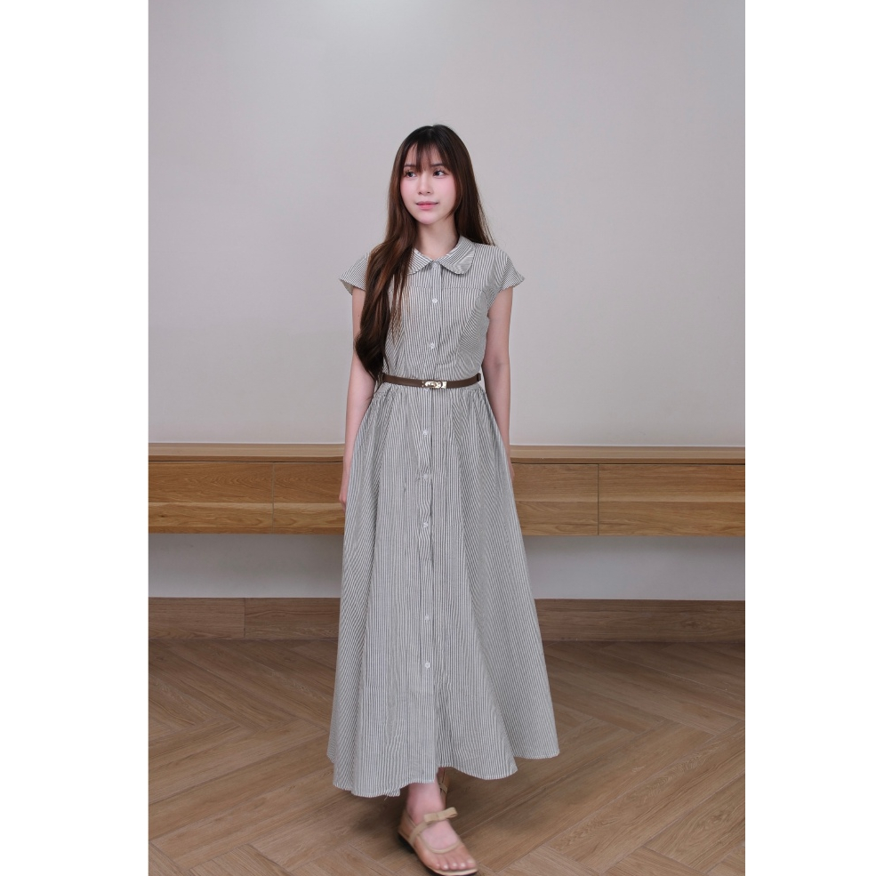 (không kèm thắt lưng) Đầm maxi Chililuu váy maxi dáng dài cổ sen tròn hến kẻ sọcthanh lịch phong cách Hàn Quốc