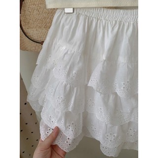 Chân Váy Ngắn Trắng Xếp Tầng Chất Boi Thêu Hoa Fairy Mini Lưng Chun Dáng Xòe Nàng Thơ - Cakecat