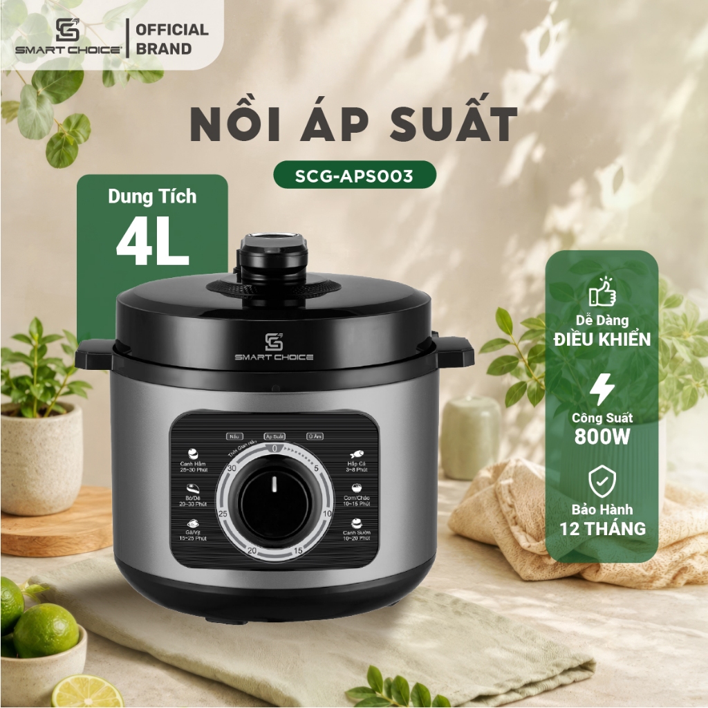 Nồi Áp Suất 4L SMARTCHOICE SCG-APS003 800W Núm Vặn Cơ Điều Chỉnh Thời Gian, Nấu Nhanh Chống Dính Tốt