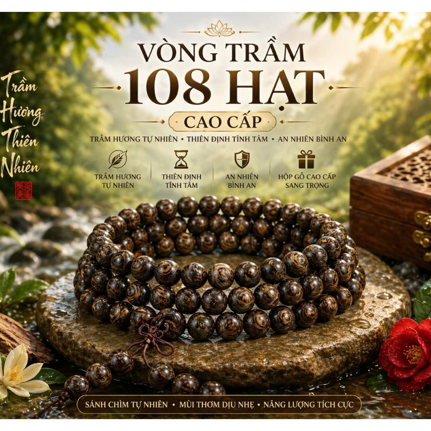 Vòng Tay Trầm Hương Sánh chìm 108 Hạt Quảng Nam Cao Cấp - Chuỗi Đeo Tay Nam Nữ Thiền Định, Phong Thủy (Thơm Tự Nhiên)