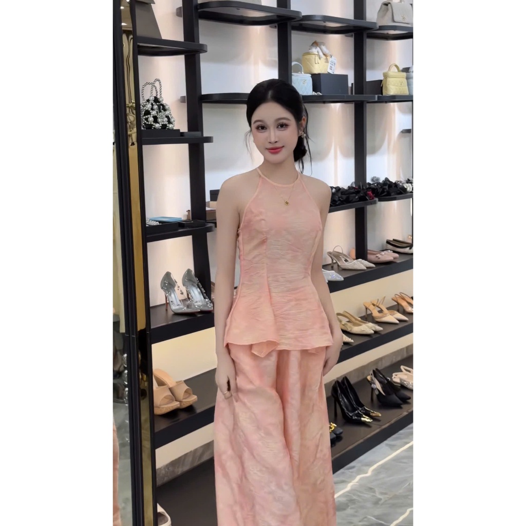 ZIMM STORE-Set áo cổ yếm xòe nhẹ kết hợp quần gấm ống rộng suông