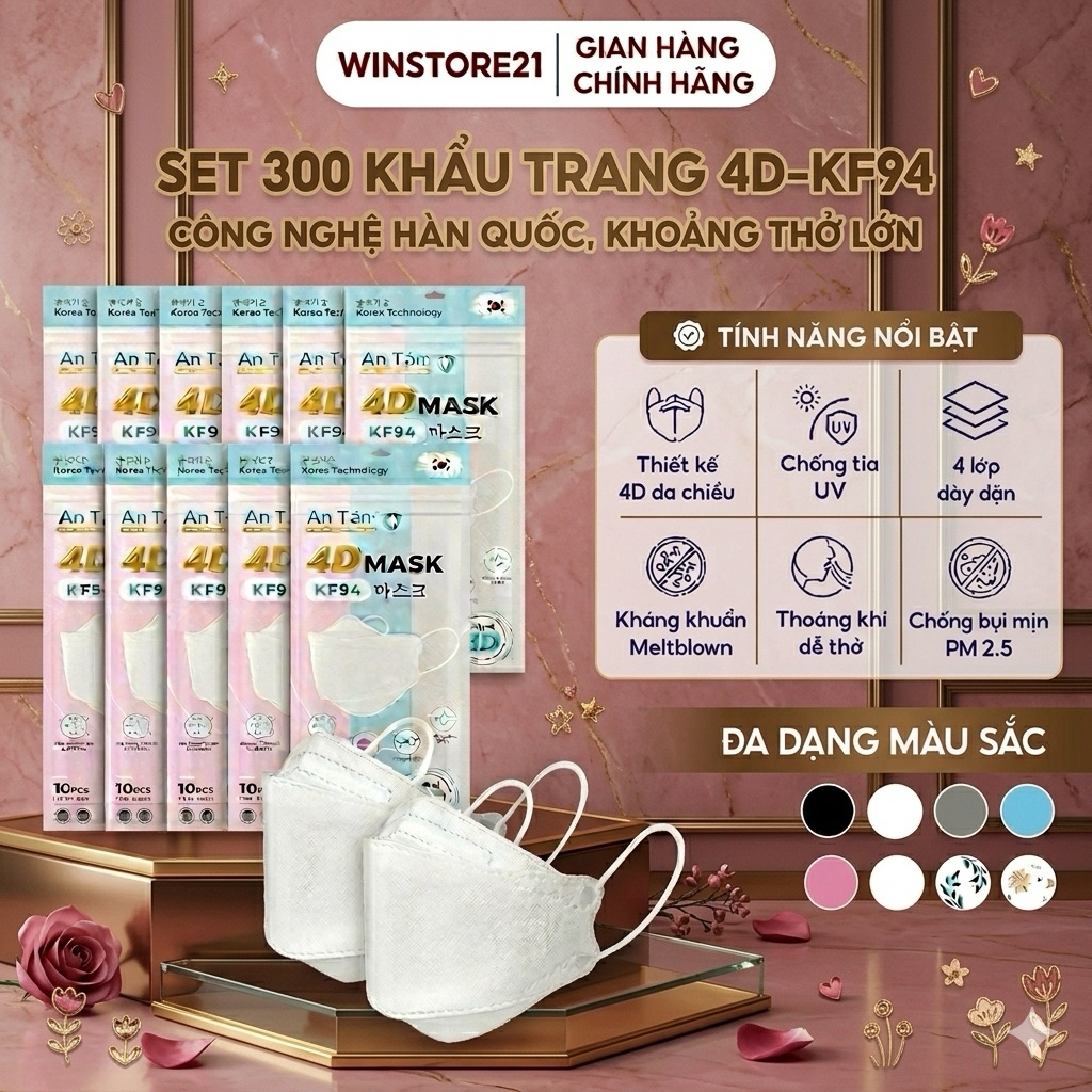 LIVE - Set 300 cái Khẩu Trang y tế 4D KF94 chính hãng An Tâm 4 lớp chống mờ kính không lem son môi